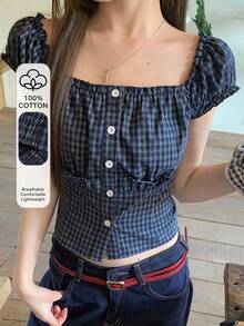 DAZY Áo sơ mi nữ tay ngắn cổ vuông kẻ caro cài cúc phía trước xếp ly kiểu dáng thường ngày mùa hè. - Màu xanh hải quân - Xem 1