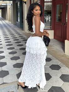 Alexandranx Ultra Low-Waisted Lace Tiered High-Low Hem Skirt - White - View 4
