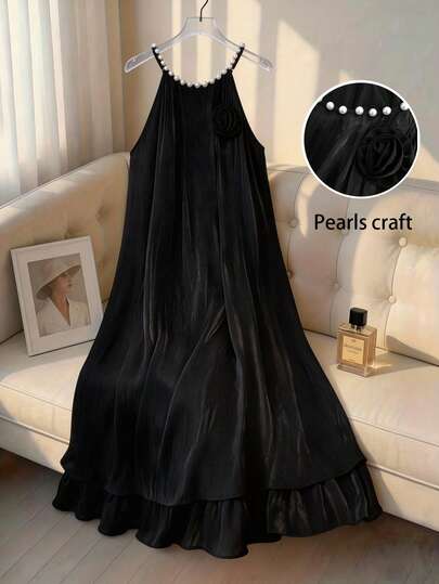 GlowEve CURVE Plus Size Women Pearl Decor Fashion Halter Neck Dress