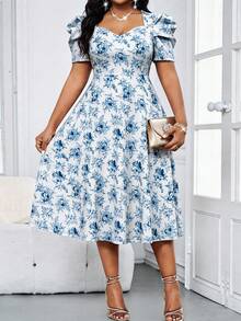 SHEIN Lady Vestido midi elegante con estampado floral, cuello en V y parches de malla de 3/4 de manga para mujer de talla grande. Vestidos elegantes para mujeres, atuendos de vacaciones, vestido de primavera, vestido floral elegante de verano, ropa elegante para mujer - Multicolor - Ver 5