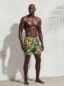 Surfspeed Pantalones cortos casuales de playa con estampado de plantas y cordón en la cintura para hombres - Verde - Ver 4
