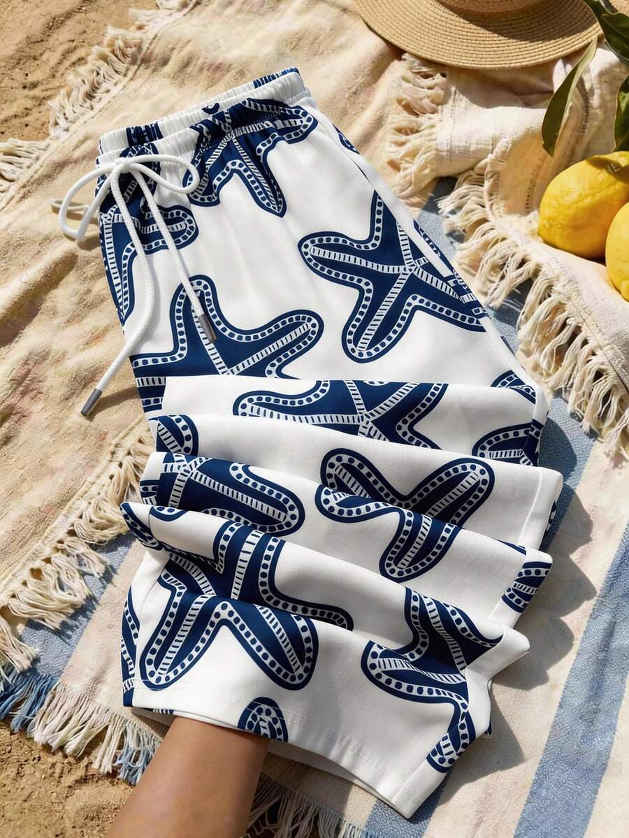 Comfortcana 春夏海星海洋印花休闲度假抽绳加大码女裤 - 藍白色 - 查看 1