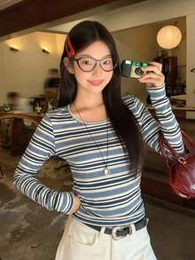 DAZY Women's Round Neck Striped Korean Style Casual Long Sleeve T-Shirt, Suitable For Spring And Autumn - Blue - View 5