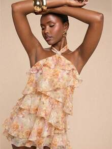 SHEIN BAE 不对称肩部纹理荷叶边下摆迷你连衣裙，适合婚礼宾客、派对、夏季鸡尾酒会、海滩度假、生日等场合，轻盈修身粉色连衣裙，女士春夏款，返校季、毕业典礼，纯白色，婚礼宾客着装，简约优雅性感连衣裙，优雅连衣裙，婚礼宾客装扮，度假约会 - 粉色 - 查看 4