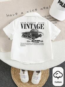 SHEIN Baby Boy Girl Casual Loose Fit Short Sleeve White Shirt,Funny Graphic Cars Print Summer Vacation Top Suitable For Spring,Daily Wear,Travel - White - View 4