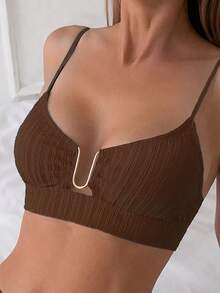 Swim Lushoire Bộ đồ bơi tankini 2 mảnh dành cho nữ, kiểu dáng chữ U, khóa cài trang trí, khoét rỗng, dây mảnh, thích hợp cho mùa hè. - màu nâu - Xem 3