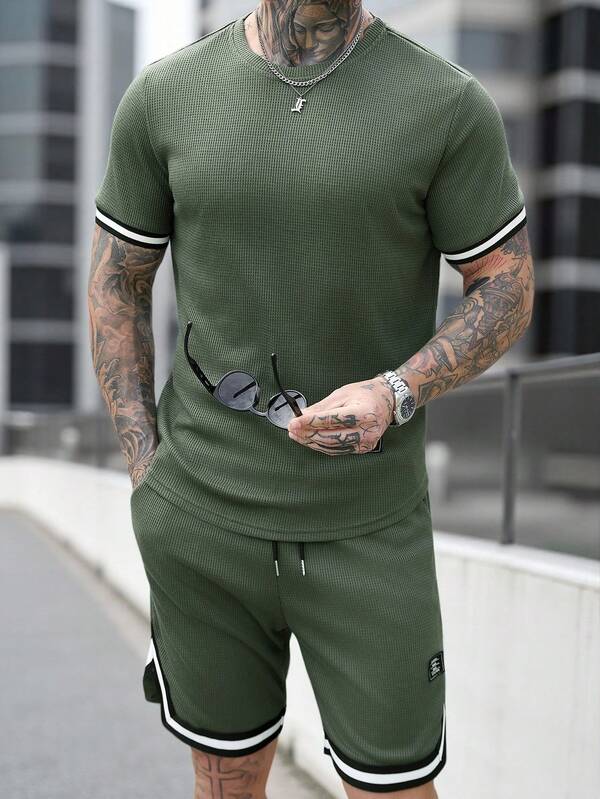 Manfinity CasualCool Men's Round Neck Short Sleeve Casual Versatile T-Shirt Set Casual Two Piece Set Men Men Summer Sweatsuit 2 Piece Set Long Shorts T Shirt Men Khaki Men Set Old Money,Daily Leisure, Weekend Trips, Outdoor Activities, Travel Expeditions, Relaxed Work Environments Or Semi-Formal Occasions, Boyfriend/Husband Gift, Anniversary /Birthday Gift Party Summer Vacation Holiday,Wedding,Spring To Summer Men Cruise Outfit Yacht Outfit Men Men Beach Outfit Set