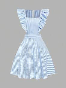 Elenzga Women's Casual Commuter Striped Ruffle Hem Sleeveless Dress, Summer - Blue and White - View 5