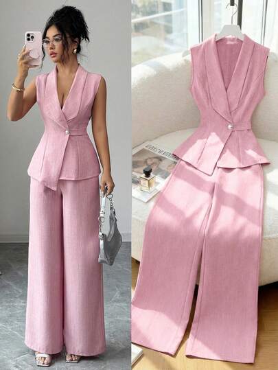 Elenzga Women's Pink Sleeveless Top & Wide Leg Pleated Pants 2 Pieces Set