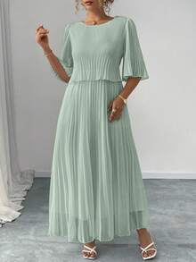 Elenzga Đầm xếp ly bằng chiffon màu trơn thanh lịch, cỡ lớn, thích hợp cho mùa xuân/hè. - Fresh Green - Xem 3