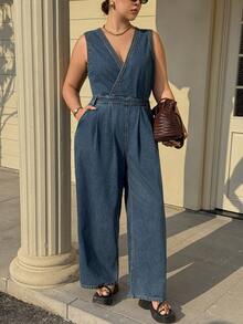 Dazy Plus Plus Size Women Vintage Washed Denim Deep V-Neck Sleeveless Jumpsuit, Spring/Autumn - Dark Wash - View 6