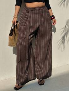 Dazy Plus Plus Size Women Loose Striped Casual Pants With Waist Tie, Suitable For Commuting, All Seasons - Brown - View 9