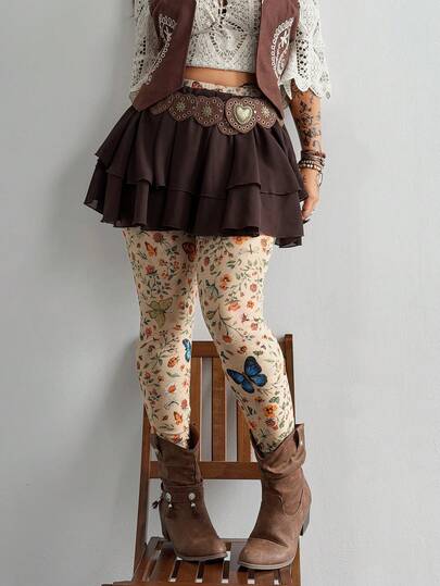 Whyspr Plus Size Punk Sheer Sexy Butterfly Print Leggings, Suitable For Spring/Summer Vacation