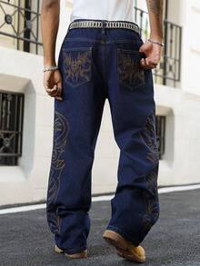 Manfinity EMRG Men's Casual Street Style Embroidered Blue Denim Jeans - Dark Wash - View 2