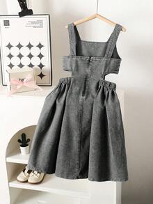 SHEIN Đầm denim wash phong cách Y2K đa năng dành cho bé gái tuổi teen, đầm ống rộng dáng retro với eo chun co giãn và thiết kế khoét rỗng. - Xám - Xem 2