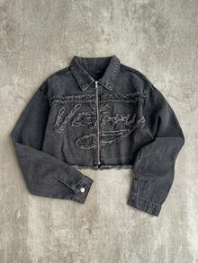 SHEIN Teen Girls Frayed Edge Letter Black Denim Short Loose Long Sleeve Jacket - Black - View 7
