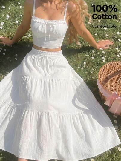 SHEIN MOD 女士纯色褶皱胸部吊带背心和荷叶边半裙两件套，春夏装扮，女士嘉年华服装，婚礼宾客礼服，节日服装，休闲套装，完美适用于度假、约会、野餐、派对、舞会、节日和生日穿着，音乐节服装，游牧风、乡村风、波西米亚风、茶会服装