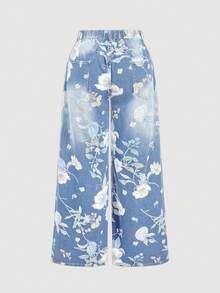 SHEIN MOD Plus Size Women Floral Print Distressed Pocket Button Decor Casual Wide Leg Jeans - Light Wash - View 2