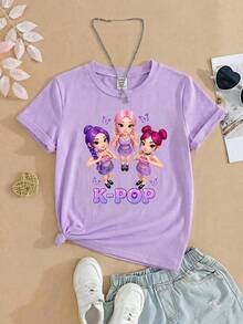 Tween Girl Letter & Cartoon Print Round Neck Pullover T-Shirt - Mauve Purple - View 3