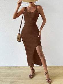 Breezaya Đầm dệt kim hai dây ôm sát, màu trơn, xẻ tà bên hông dành cho nữ - Màu nâu Sô-cô-la - Xem 7