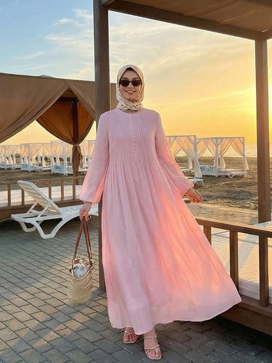 Solavon 女士优雅灯笼袖褶裥长连衣裙，简约风格，秋季之选 - 淺粉色 - 查看 1