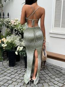 Sunnyshic Đầm dệt kim kẻ sọc cổ yếm hở lưng buộc dây phong cách Boho dành cho nữ, thích hợp cho kỳ nghỉ. - màu xanh lá - Xem 2