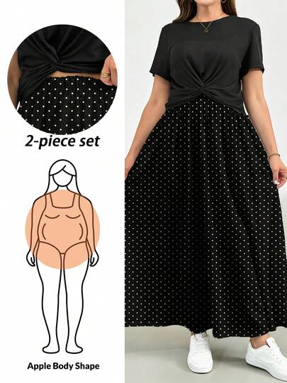 Shapeblank Vacation Casual Retro Black & White Polka Dot Print Plus Size Women Round Neck Short Sleeve Top And Skirt 2-Piece Set, Suitable For Summer