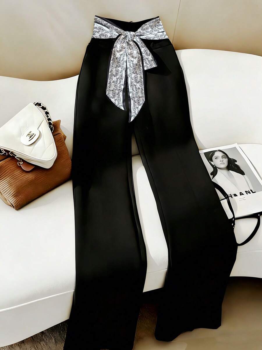 Franclia Women's Silk Scarf Knit Flared Tie-Waist Pants - Black - View 1