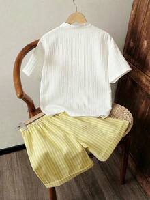 SHEIN Vintaside Kids 男童通勤休闲条纹立领衬衫和条纹短裤两件套，舒适时尚 - 黃色 - 查看 2