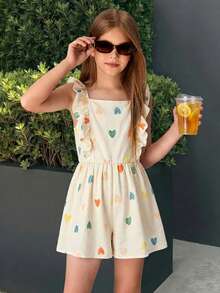 SHEIN Tween Girl Striped Square Neck Cap Sleeve Loose Jumpsuit For Vacation - Apricot - View 4