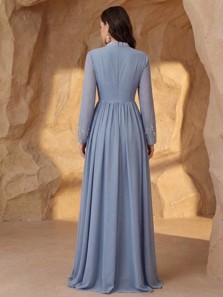 Women's Elegant Long Dress With Mandarin Collar, Beaded & Rhinestone Decor, Soft & Comfortable, Suitable For Various Occasions: Festivals, Dates, Gatherings, Etc.