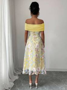 Modelyn 女式网眼拼布涤纶针织刺绣露肩荷叶边简约性感夏装 - 黃色 - 查看 2