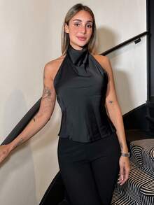 Mélanie ORL Apricot Color Backless Draped Neck Women's Tank Top, Sexy & Elegant, Spring/Summer,Tank Top,Black Top - Black - View 3