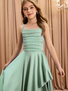 女童优雅时尚奢华吊带交叉肩无袖高腰收腰喇叭裙摆不对称长款下摆设计纯色缎面亮面面料高端圣诞节、毕业典礼、派对、万圣节活动礼服 - 綠色 - 查看 4