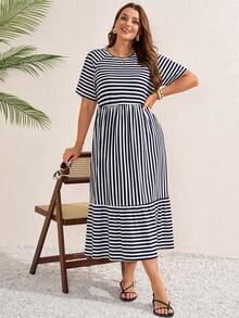 Miaspire Robe midi d'été décontractée pour femmes grandes tailles, à rayures et patchwork, manches courtes - Bleu marine - Voir 1