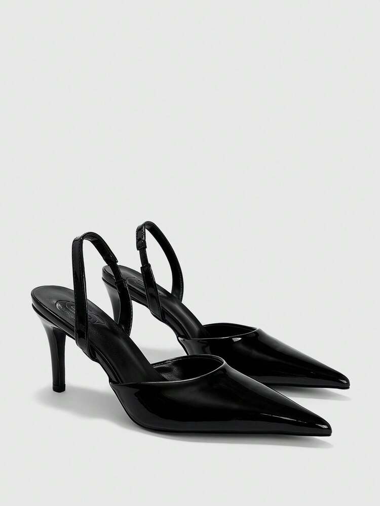 CUCCOO BIZCHIC Women Shoes Spring And Autumn New Black Mirror Point Thin Heel High Heel Slingback Low Vamp Women's High Heel Shoes Shoes Daily Versatile Commuter Office Workers Business Dinner Party Wear Women's Shoes