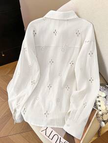 Airaco Women's Laser Cut Embroidered Long Sleeve Button-Down Casual Shirt - White - View 2