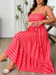Weeklong Plus Size Women's Red Striped Print Color Block Spaghetti Strap Cinched Waist Long Dress, Elegant Lady Vacation Casual Versatile - Red - View 6