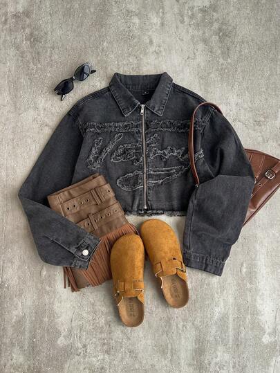 SHEIN ICON 女士 Y2k 服饰复古前拉链长袖流苏下摆休闲牛仔冬秋夹克，适合日常穿着