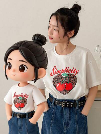 DAZY Tween Girls' Casual Vacation & Commute Fashion Leopard, Heart, Cherry, Letter Print Loose Fit T-Shirt, Summer