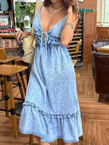 Sunnyshic Women's Sexy Tie Front Ruffle Hem Spaghetti Strap Denim Dress - Blue - View 5
