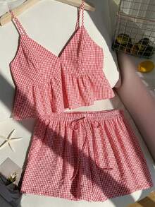 Comfortcana Red & White Plaid Camisole & Shorts Set, Plus Size - Red and White - View 3