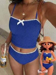 SHEIN Teen Girls' Camisole Bikini Top, Blue & White Contrast Knit Tape Jacquard - Multicolor - View 1