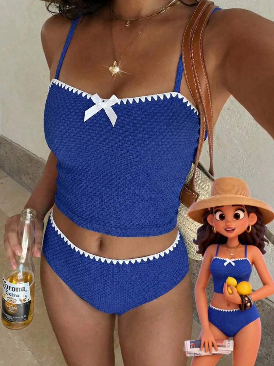 SHEIN Teen Girls' Camisole Bikini Top, Blue & White Contrast Knit Tape Jacquard - Multicolor - View 1