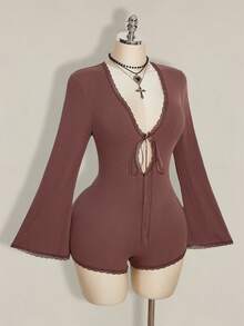 SHEIN ICON 大码女式蕾丝拼接喇叭袖连体裤 - 棕色 - 查看 7