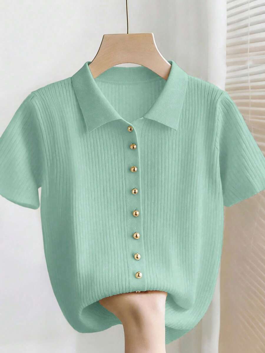 SHEIN Franclia New Summer Casual Loose Versatile Minimalist Elegant Soft Polo Shirt, Suitable For Office, Work, Commute, Metal Button Design, Slim Fit, Modest, Unisex, Extremely Simple Cardigan For Women - Dark Green - View 1