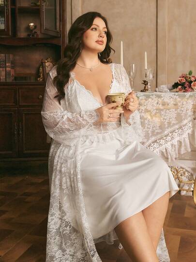 Côtesoire French Romantic Sexy Lace Patchwork Hollow Out Ruffle Strap And Tie Lace Robe, White Bridal Season Sleepwear Set, Plus Size