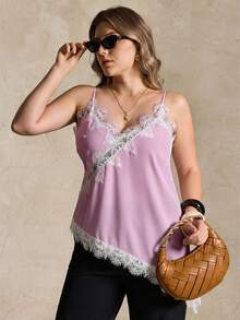 Elegantrix Plus Size Women Urban Casual Lace Asymmetric Hem V-Neck Patchwork Solid Color Short Camisole - Mauve Purple - View 3