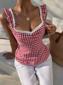 Aloruh New Spring/Summer Women Sexy Sweet Cute Gingham Lace Trim Heart Neck Backless Bow Tie Slim Fit Camisole Vacation Party Tank Top - Red - View 4