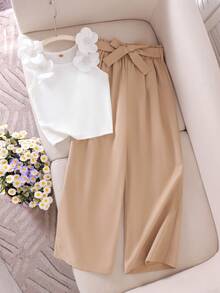 Genkimix Kids Bộ đồ 2 món cho bé gái tuổi teen gồm áo không tay dệt kim họa tiết hoa 5 cánh màu trắng và quần cùng màu, thời trang và phù hợp cho mùa hè. - trắng - Xem 1